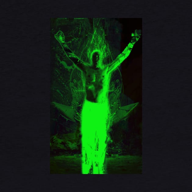 Portrait, digital collage and special processing. Shirtless man, stands. All chakras opened. Mystic. Green. by 234TeeUser234